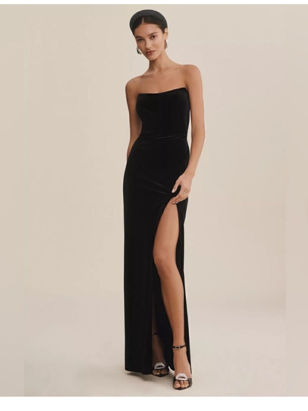 Jenny Yoo Anthropologie Strapless Black Velvet Evening Gown with High Slit